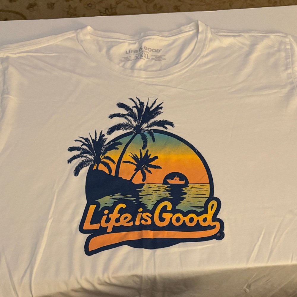 Life Is Good White Tee with Sunset Graphic